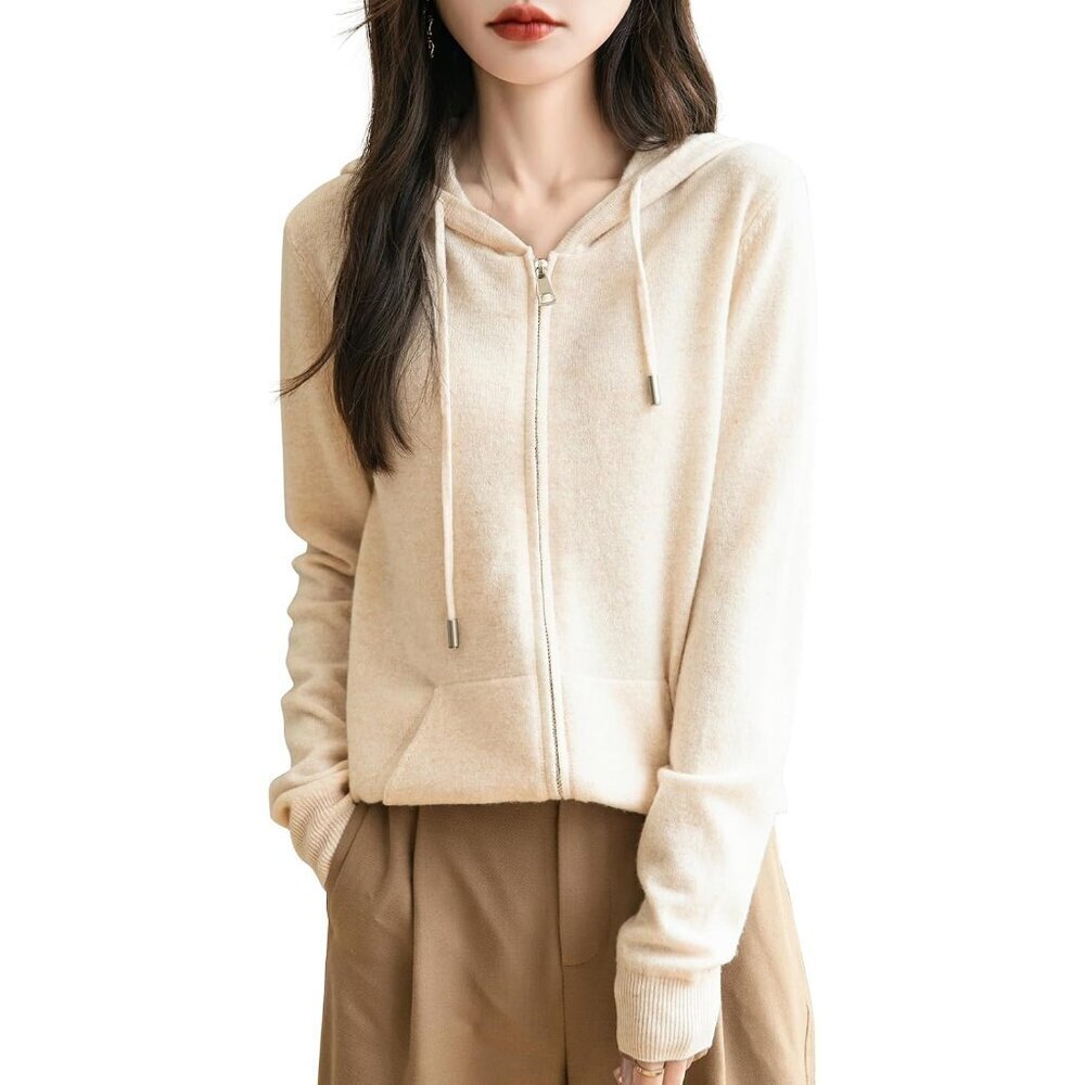 Women's Merino Wool Zip Hoodie Long Sleeve Casual Warm Sweater
